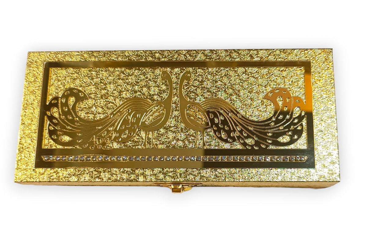 Premium Decorative Designer Mdf Golden Gifting Cash Box, Shagun Box, Jewellery Box, Money Box, Gaddi Box 20x8.5x4cm, Pattern - Embossed Peacock