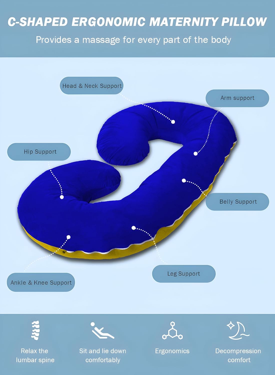 C Shaped Pillow, Pregnancy Pillow For Maternity & Baby Nursing - Gold & Royal Blue | Pregnant Women Stomach, Spine, Neck Support, Velvet Outer Cover With Zip, Adjustable, Multipurpose Use