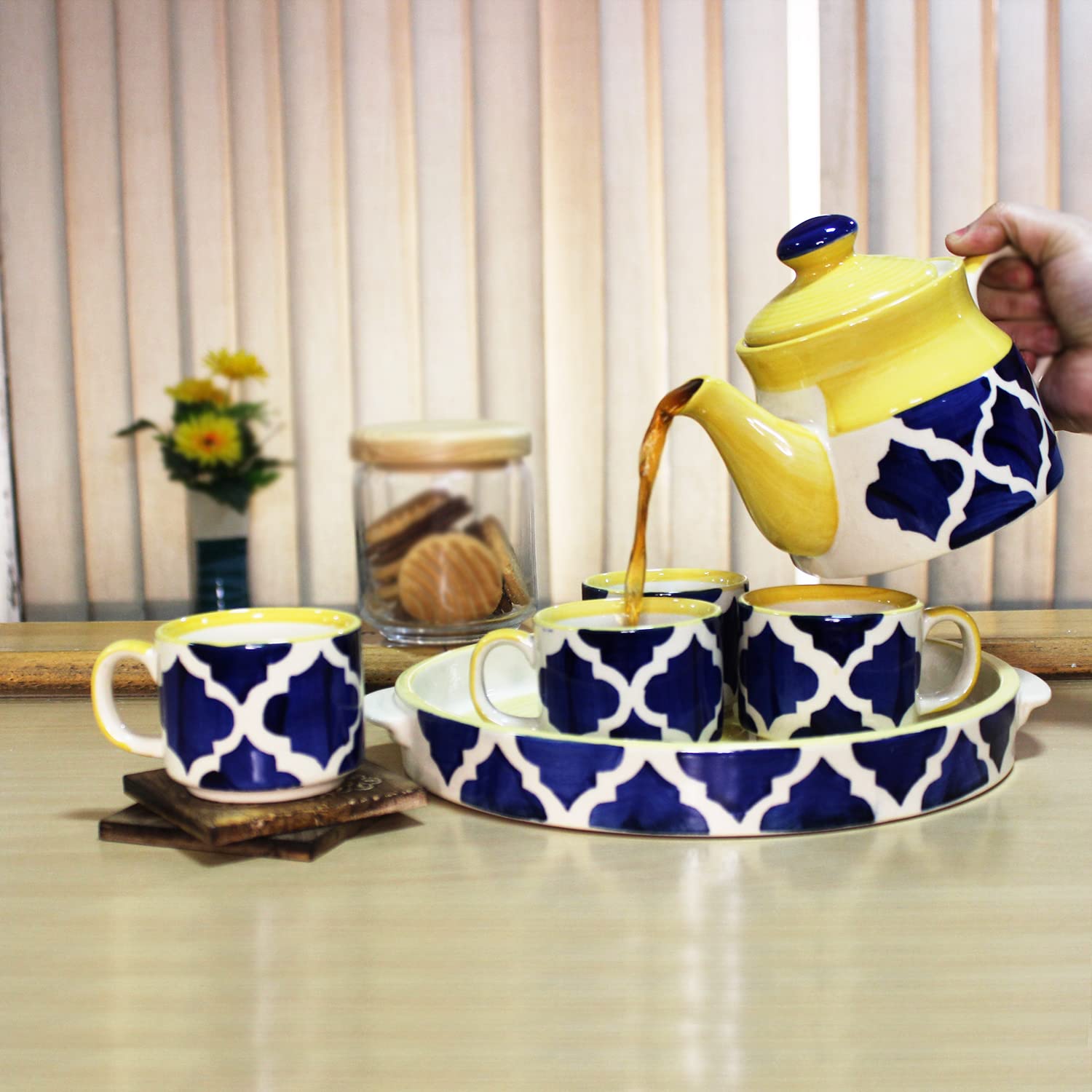 Hand Painted Blue Moroccan Tea Set With Kettle - Ceramic Tea Kettle Set With 4 Cups, 150ml Each + 1 Kettle, 700ml + 1 Tray | 6 Pieces - Microwave Safe & Dishwasher Safe
