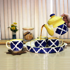 Hand Painted Blue Moroccan Tea Set With Kettle - Ceramic Tea Kettle Set With 4 Cups, 150ml Each + 1 Kettle, 700ml + 1 Tray | 6 Pieces - Microwave Safe & Dishwasher Safe
