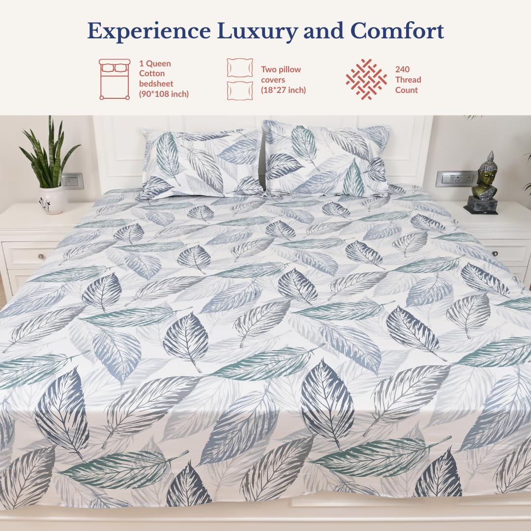 Queen Size Pure Cotton Bedsheet With 2 Pillow Covers | 90 × 100 Inches, Blue & White | Soft Breathable Floral Design Bedding | Comfortable Sleep All Year