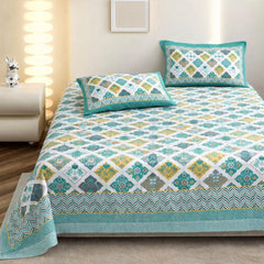 Pure Cotton Double Bedsheet For King Size With 2 Pillow Covers | 90 X 108 Inches, Sea Green & White | Ultra-Soft & Skin-Safe | Breathable Summer Comfort
