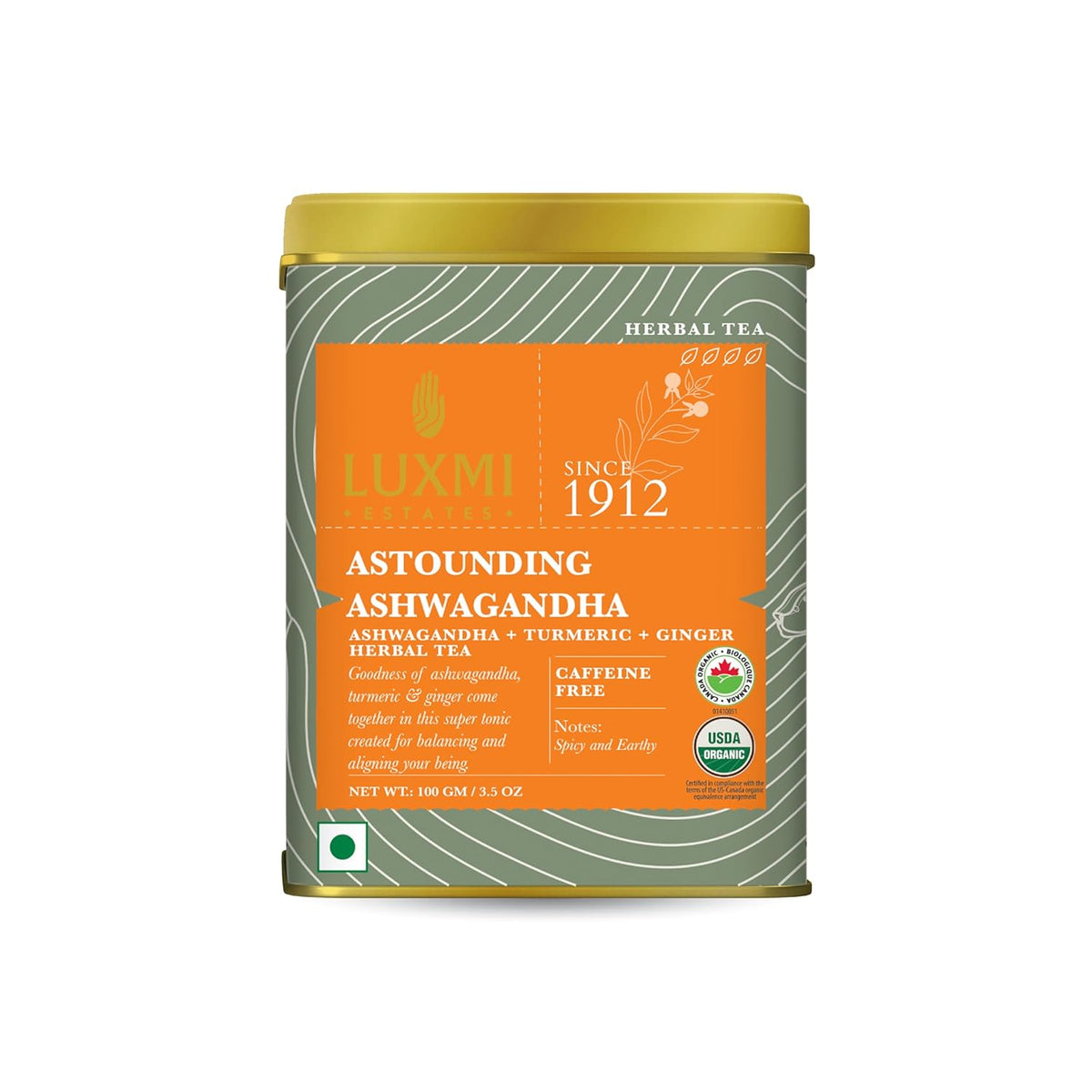 Luxmi Estates Astounding Ashwagandha Turmeric Ginger Herbal Tea Bags 100gm, 3.5 Ounce - 50 Cups | Certified USDA Organic Herbal Tea Bags For Stress Support