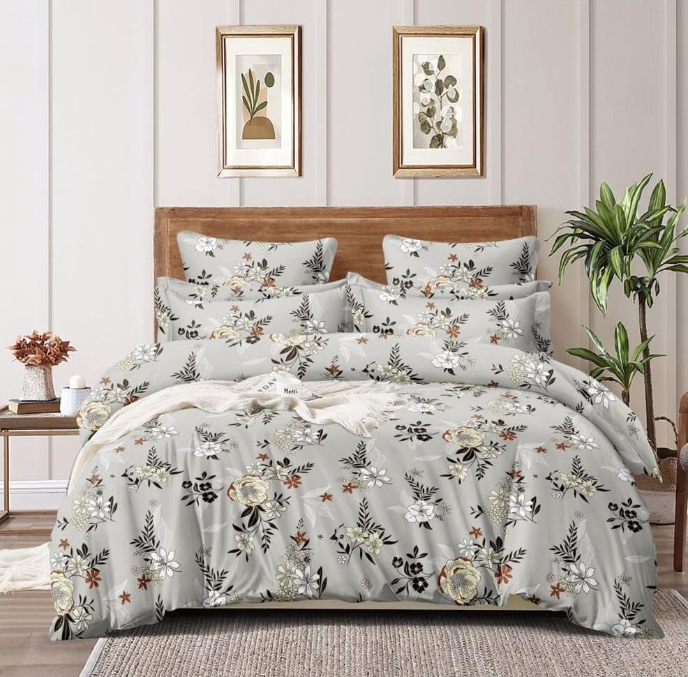 Cotton Queen Size Printed Double Bedsheet With 2 Pillow Covers For Home | 90 X 100 Inches, Grey - Beautiful Bedsheet Set | Perfect For Gifting Wedding, Anniversary