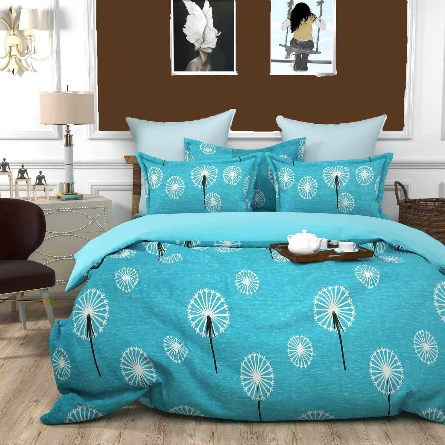 Cotton Bedsheet Super King Size Floral Print Bedsheet With 2 Pillow Covers - Size 108 X 108 Inch, Blue | 210 TC King Size Bedsheet