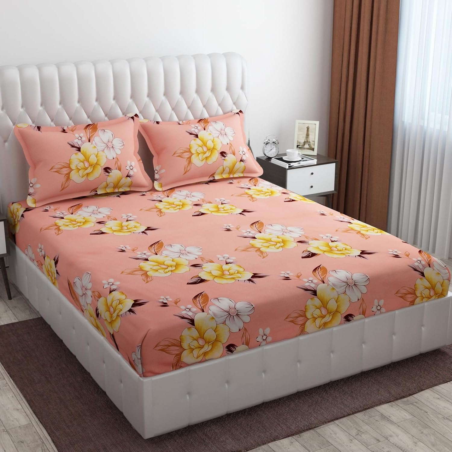 Elastic Fitted Bedsheets For King Size With 2 Pillow Covers - 72 X 78 X 10 Inches, Peach | Premium Heavy Cotton All Around Elastic Fitted | Ideal For Hotel, Home, Bedroom