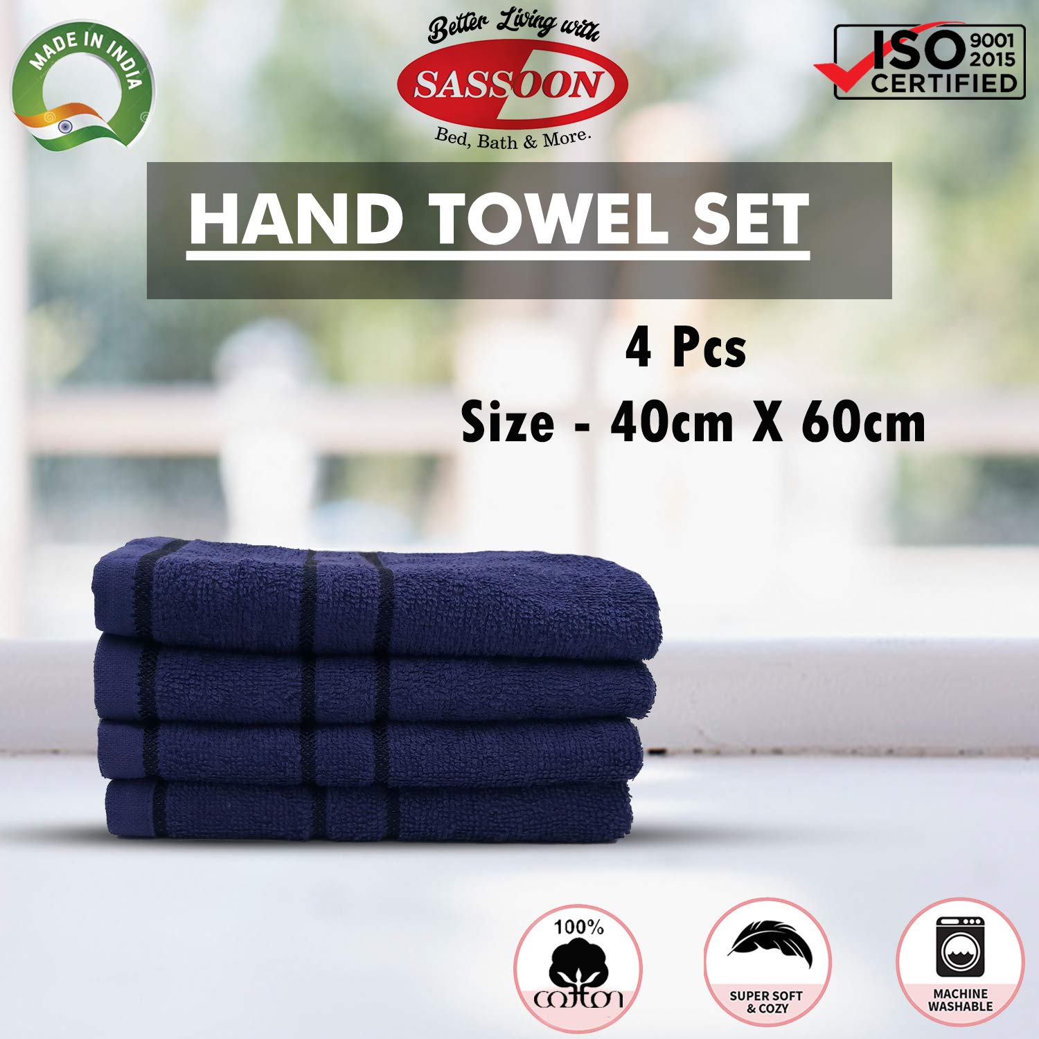 Sassoon Melrose 100% Cotton Hand Towel 800 Gsm | Highly Absorbent, Soft Material Perfect For Daily Use (Midnight Blue) -4 Piece