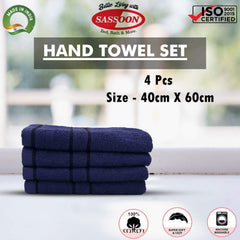Sassoon Melrose 100% Cotton Hand Towel 800 Gsm | Highly Absorbent, Soft Material Perfect For Daily Use (Midnight Blue) -4 Piece