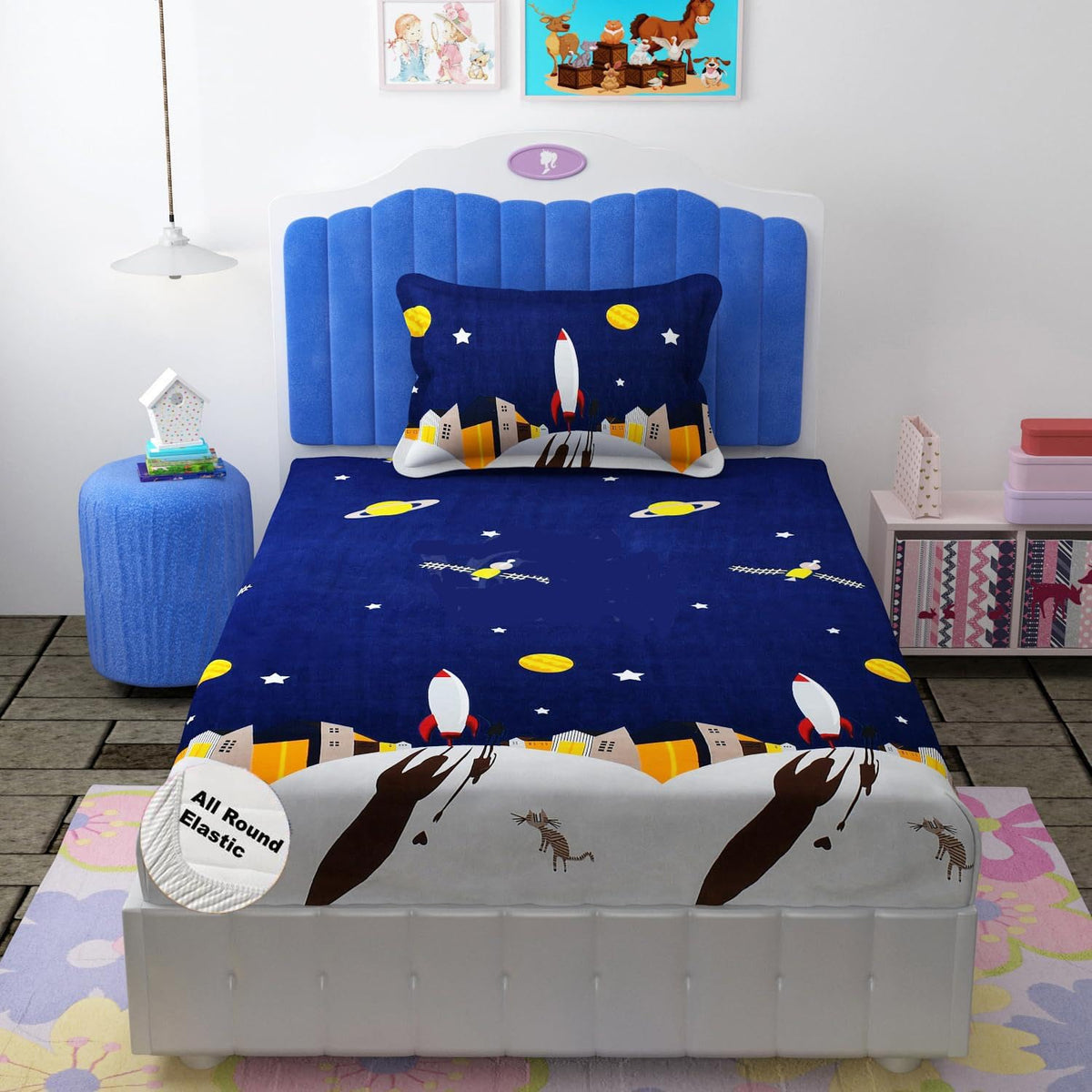 Kids 1 Single Bedsheet With 1 Pillow Covers - 42 X 75 X 8 Inches, Multicolor | Cotton Feel All Around Elastic Fitted Bedsheet - Suitable For Children Room Breathable & Wrinkle Free