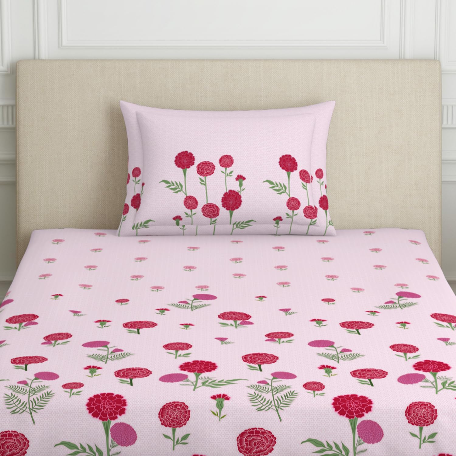 Single Bedsheet With 2 Pillow Covers (Size 60 X 88 Inches) Light Pink | 144 Thread Count Lightweight, Soft, Skin Friendly - Everyday Use Cotton Bedsheet