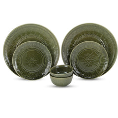 Handcrafted Stoneware Embossed Ceramic Dinner Set Of 6 Pcs - Moss Green | 2 Dinner Plates+ 2 Small Plates+ 2 Small Bowls, 180ml Each - Microwave & Dishwasher Safe | Serving For 2