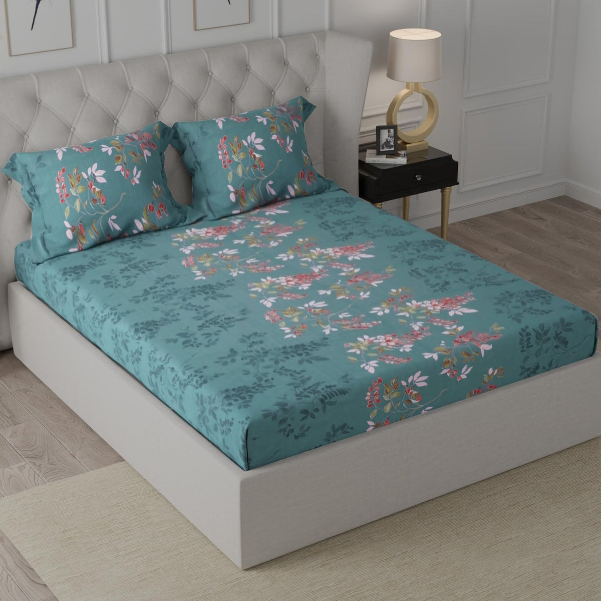 Queen Size Bedsheet With 2 Pillow Covers - 78 X 60 + 8 Inches, Sea Green | Soft Wrinkle Free & Breathable Elastic Bedsheets - Durable & Long Lasting Bedsheet