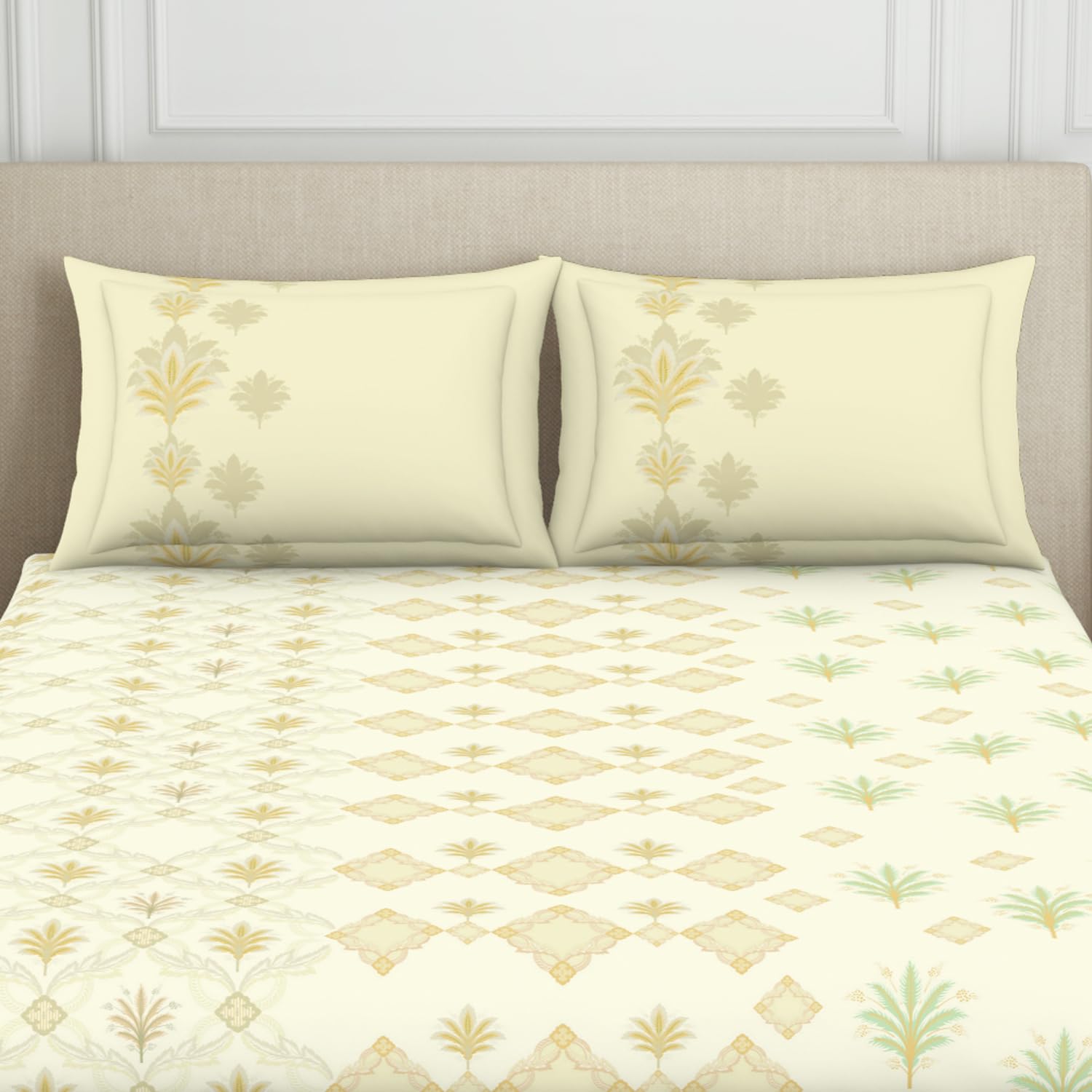 Double Bedsheet With 2 Pillow Covers (Size 88 X 100 Inch) Cream | Breathable Pure Cotton Queen Size Bedsheet | Floral Design Bedsheet