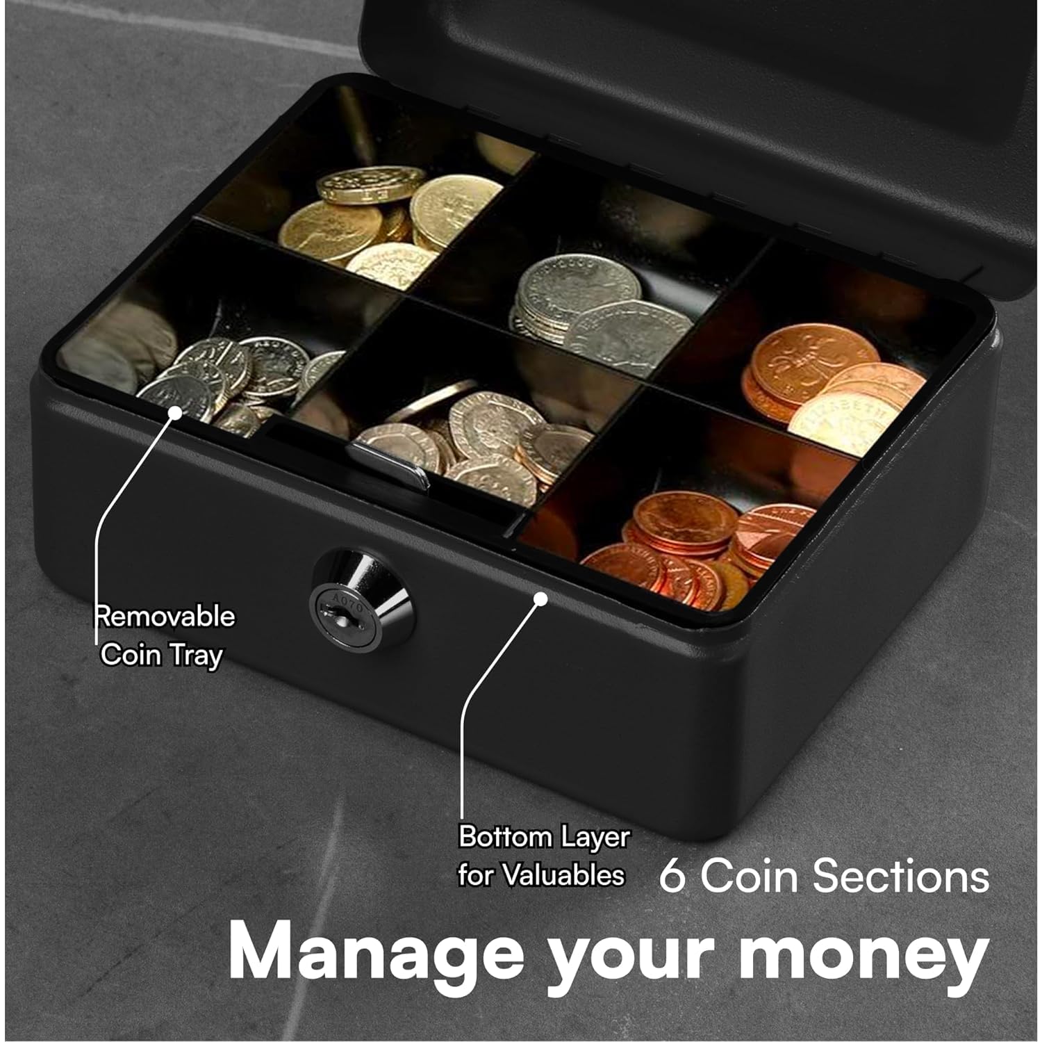 Small Cash Box, With Key Lock With Coin Trey, Portable, 6" Petty Cash Box, Money Safe Box, Colour - Black, Material - Alloy Steel
