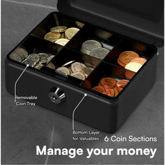 Small Cash Box, With Key Lock With Coin Trey, Portable, 6" Petty Cash Box, Money Safe Box, Colour - Black, Material - Alloy Steel
