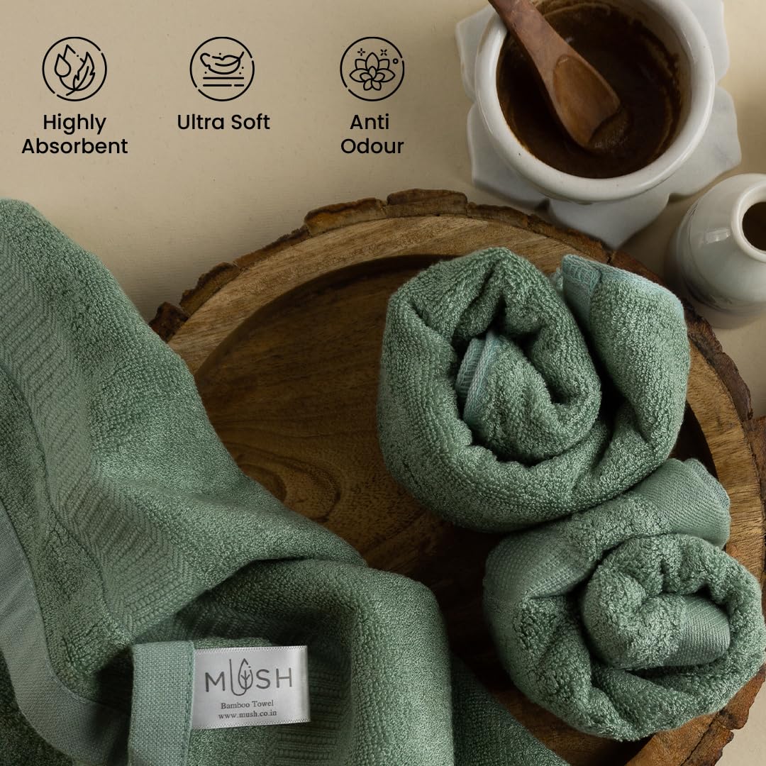 Mush Bamboo Hand Towels 600 Gsm | 100% Bamboo Gym Towel For Men & Women Workout Ultra Soft, Absorbent & Quick Dry Towel (Green)- Set Of 6