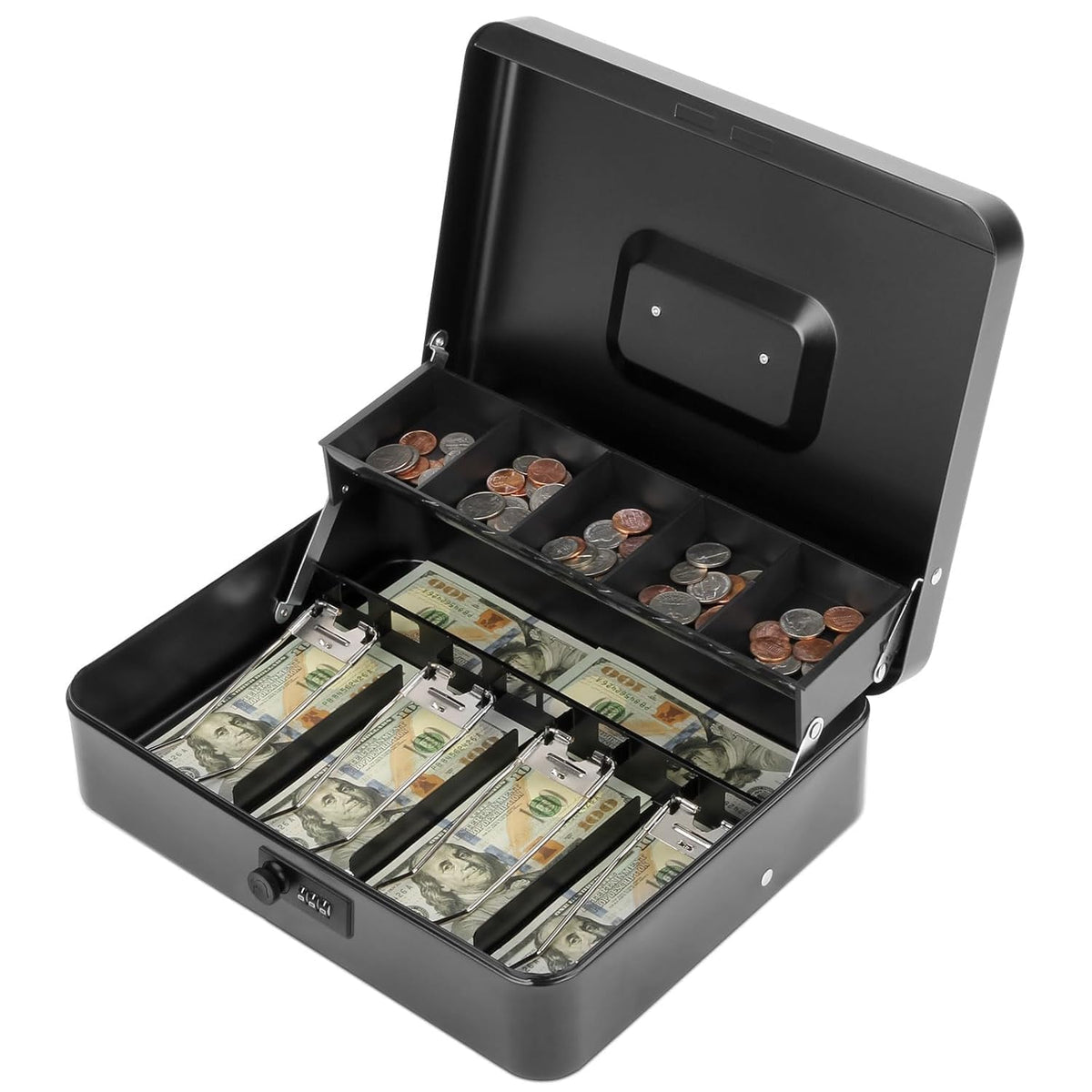 Cash Box With Combination Lock, Metal Cash Box With Money Tray, Cash Register,5 Compartments Cantilever Tray & 4 Spring - Clips For Bills,11.81"X 9.45"X 3.54" Colour - Black