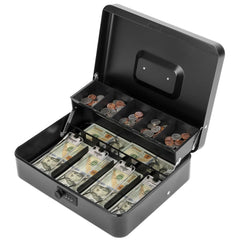 Cash Box With Combination Lock, Metal Cash Box With Money Tray, Cash Register,5 Compartments Cantilever Tray & 4 Spring - Clips For Bills,11.81"X 9.45"X 3.54" Colour - Black