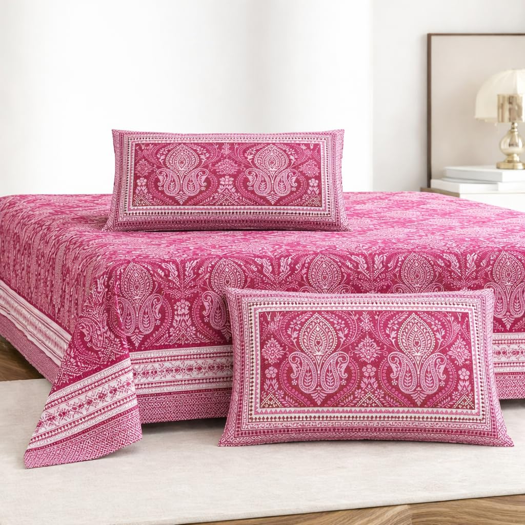 Jaipuri Cotton Bedsheet For King Size With 2 Pillow Covers | 90 X 108 Inches, Wine | Ultra-Soft & Skin-Safe | Breathable Summer Comfort