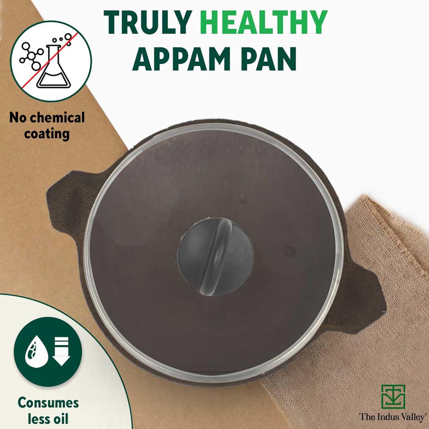 Pre-Seasoned Black Cast Iron Appam Pan With Glass Lid - 25.4 Cm, 10 Inch, 1.5 Kg | Gas Compatible, Nonstick Appam Pan, 100% Pure & Toxin-Free, No Chemical Coating