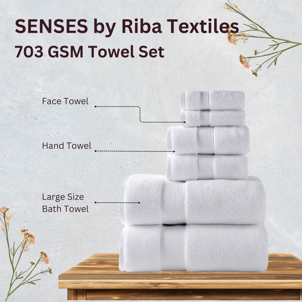 Senses By Riba Cotton Towel Bath, Hand & Wash 703 Gsm | All Cotton Zero Twist Premium Hotel & Spa Quality Highly Absorbent | Pack Of 6 (White)