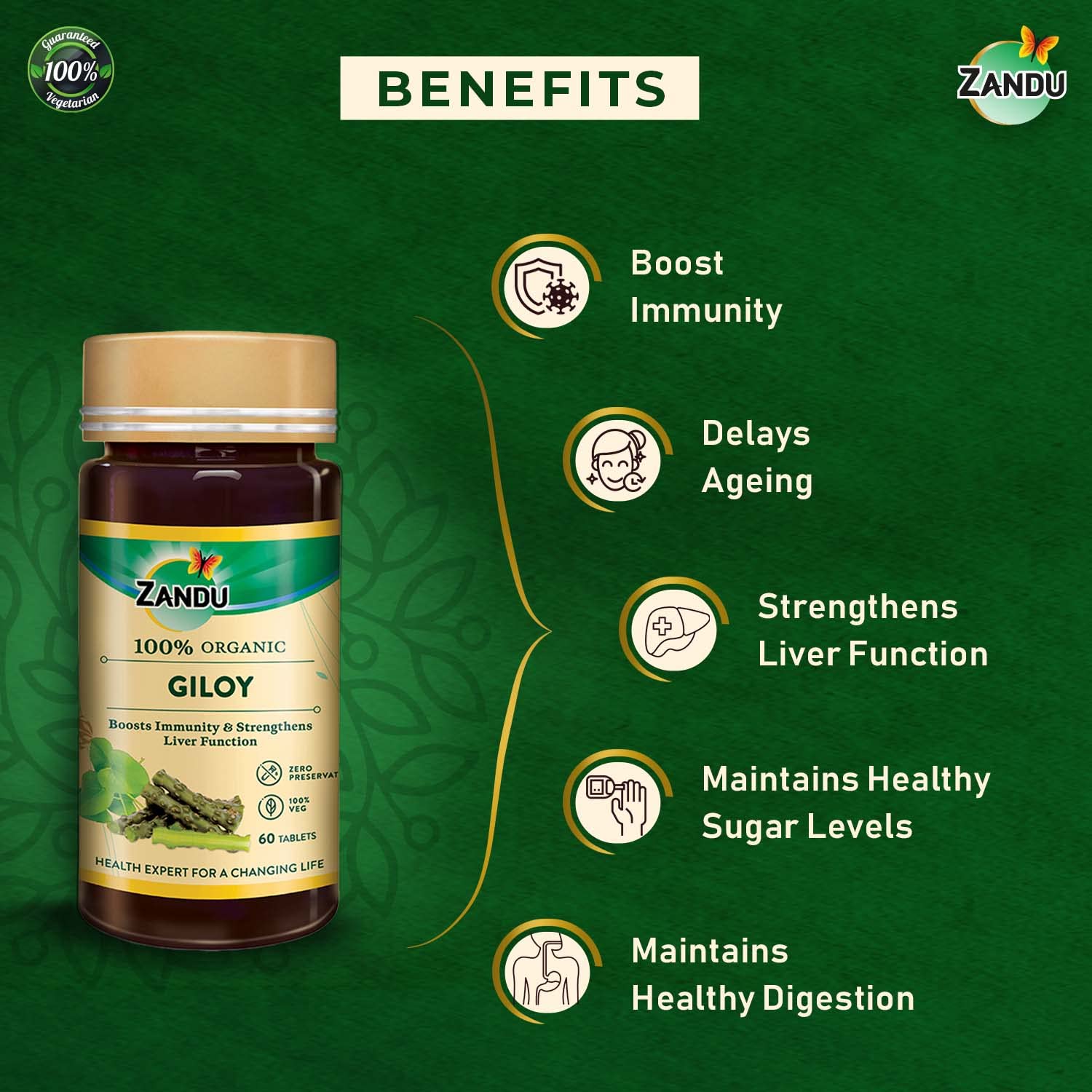 Zandu Giloy Tablets With 100% Pure Giloy Extract, Ayurvedic Immunity Booster, Protects Against Infections, Improves 100% Ayurvedic & Vegetarian | 60 Tablets 100gm 0.2lbs