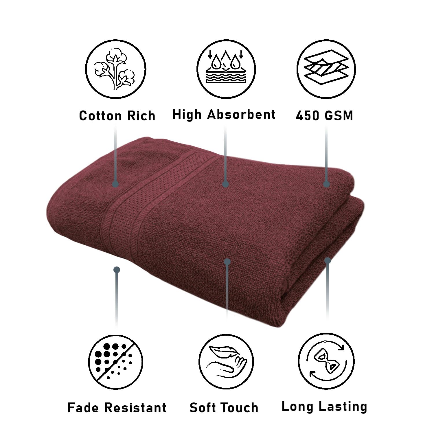 Luxe Home Cotton Bath Towel 450 Gsm | Quick Dry Large Size Bathroom Towels For Men & Women, Home, Kitchen, Gym, Spa (Wine)