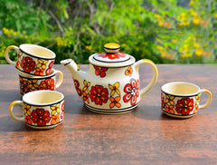 Hand Painted Ceramic Tea Set - 1 Kettle + 4 Cups, Multicolor | Coffee Mugs With Kettle - Tea Cups With Kettle