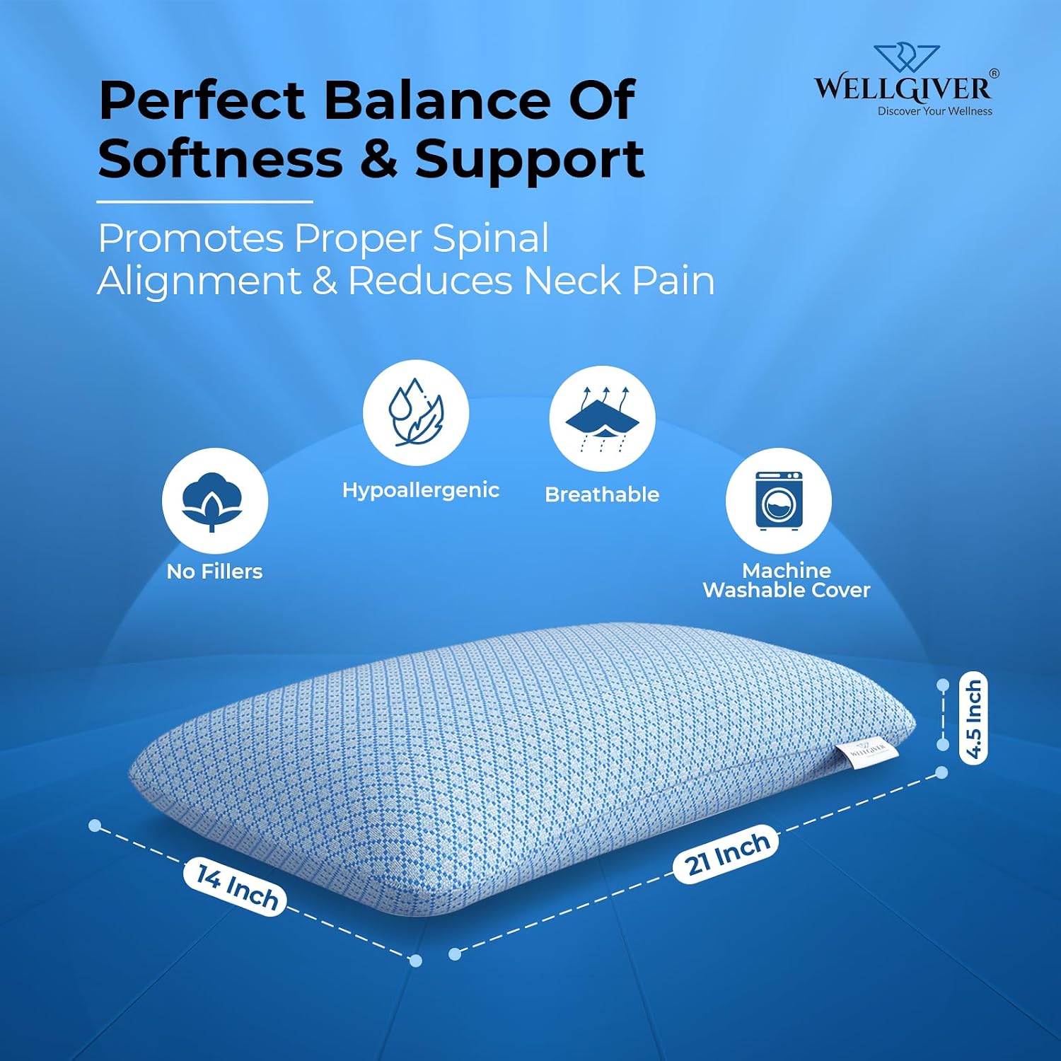Ergonomic Memory Foam Pillow For Neck Pain Relief - 21 X 14 X 4.5 Inch | Orthopedic Pillow For Side, Back Sleeping | For Head Pain Relief, Washable Jacquard Light Blue Cover - Pack Of 2