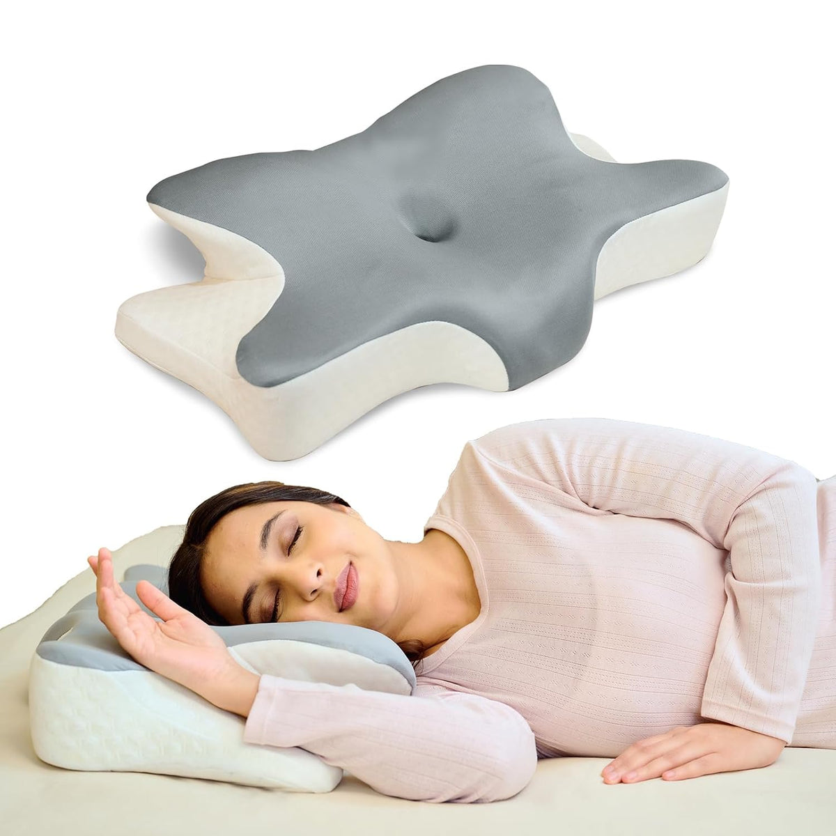 Cervical Butterfly Pillow, Orthopedic Memory Foam Pillow For Neck & Shoulder Pain | Ergonomic Contour Design | Dual Height Support | Side Sleeper Pillow with Arm Rest - Pack of 1