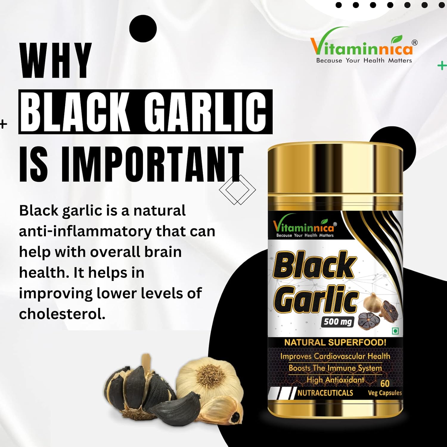 Vitaminnica Natural Black Garlic Capsules Superfood Immunity Booster, Heart & Weight Management, Detox Antioxidant Supplement | 60 Veg Capsules 100gm 0.2lbs