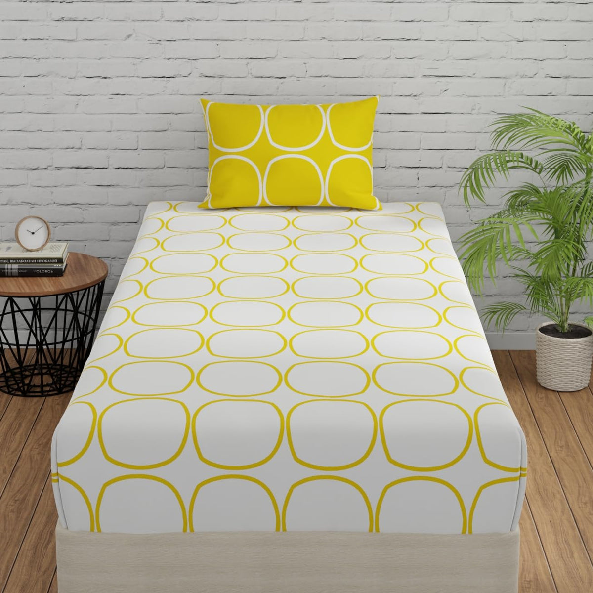 1 Fitted Single Bedsheet Cotton With 1 Pillow Cover - 36 X 78 Inches, White & Yellow | Elegant Printed Bedding Set For Daily Use | 144 Thread Count