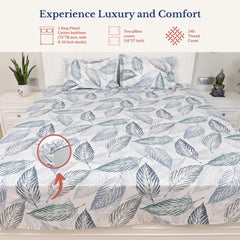 Elastic Fitted Bedsheet Double With 2 Pillow Covers | King Size - 72 × 78 X 8 Inches, White & Grey | Durable, Fade Resistant & Easy-Care Pure Cotton