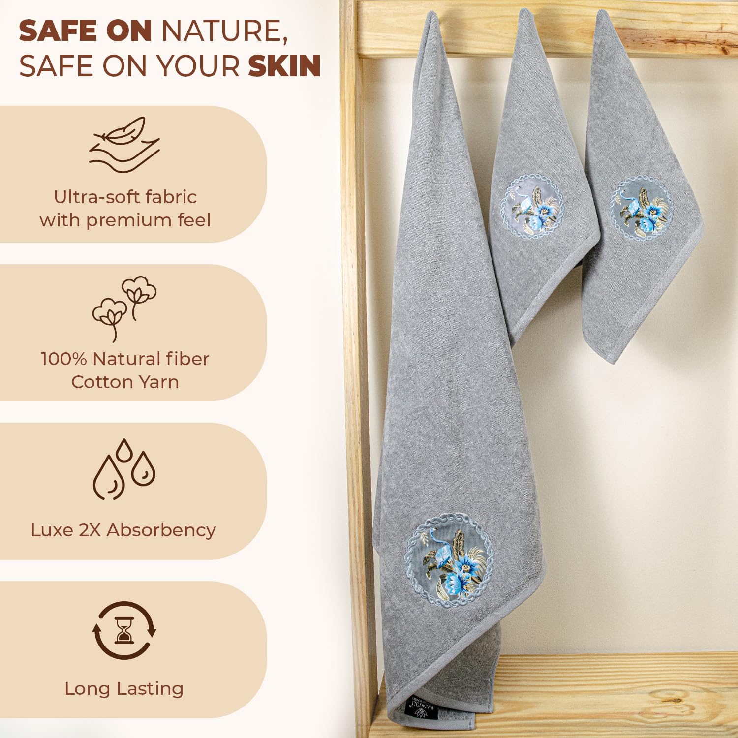Akiko Home Prima Dream 100% Cotton 1 Bath & 2 Hand Towel 1000 Gsm | Soft, Absorbent & Durable, Cotton Bath Towel | Pack Of 3 (Grey)