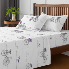 Bedsheet For Double Bed Includes Pillow Covers - Double Bed Size 90 X 100 Inches, White | Fun & Colorful City Bicycle Print | Soft, Wrinkle-Free & Cozy Bedding