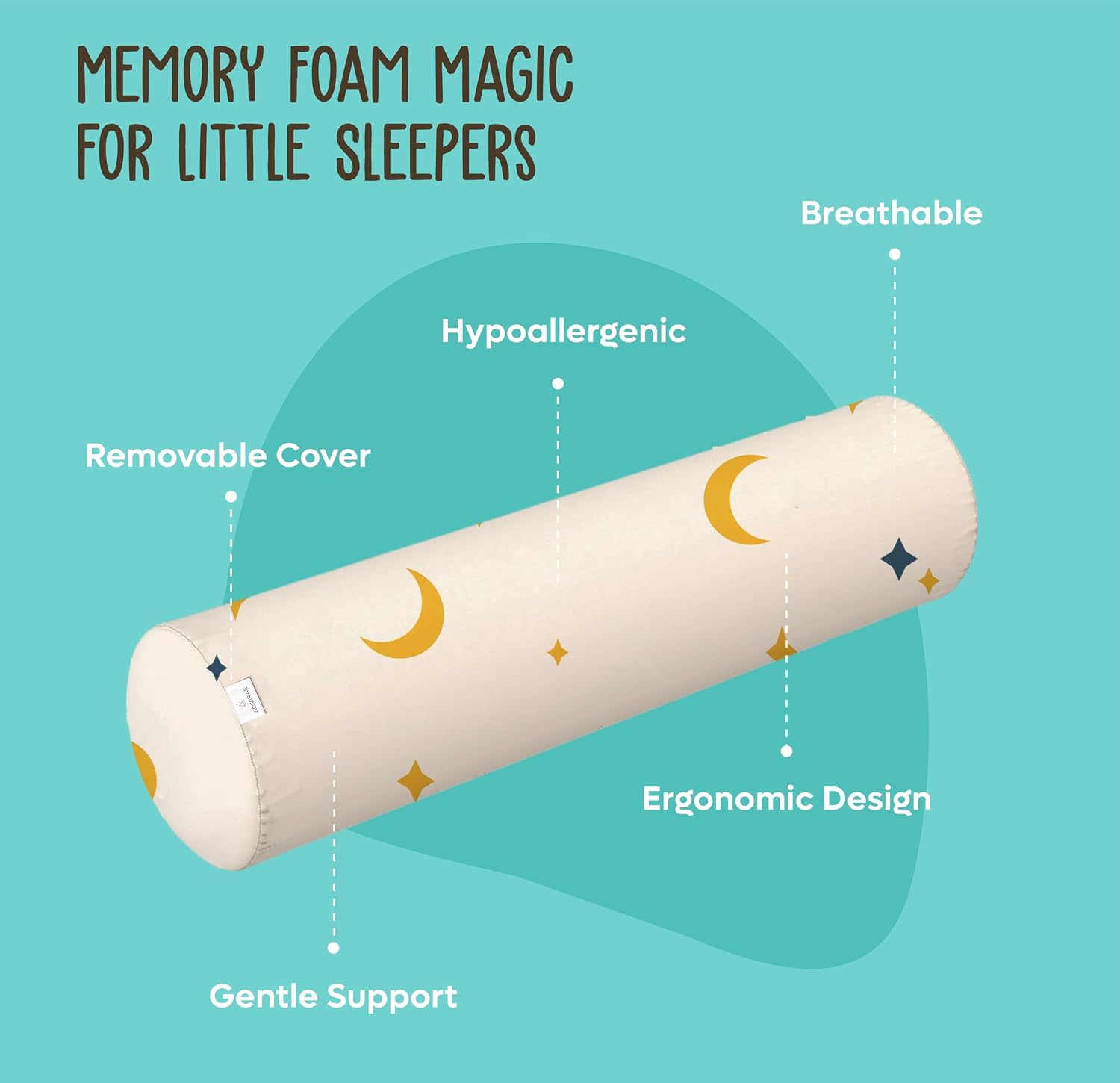 Premium Memory Foam Bolster Pillow, Moon & Stars Print, White - 24 X 6 Inch | Removable & Washable Cover, Hypoallergenic & Safe, Lightweight | Soft & Breathable Fabric Pillow