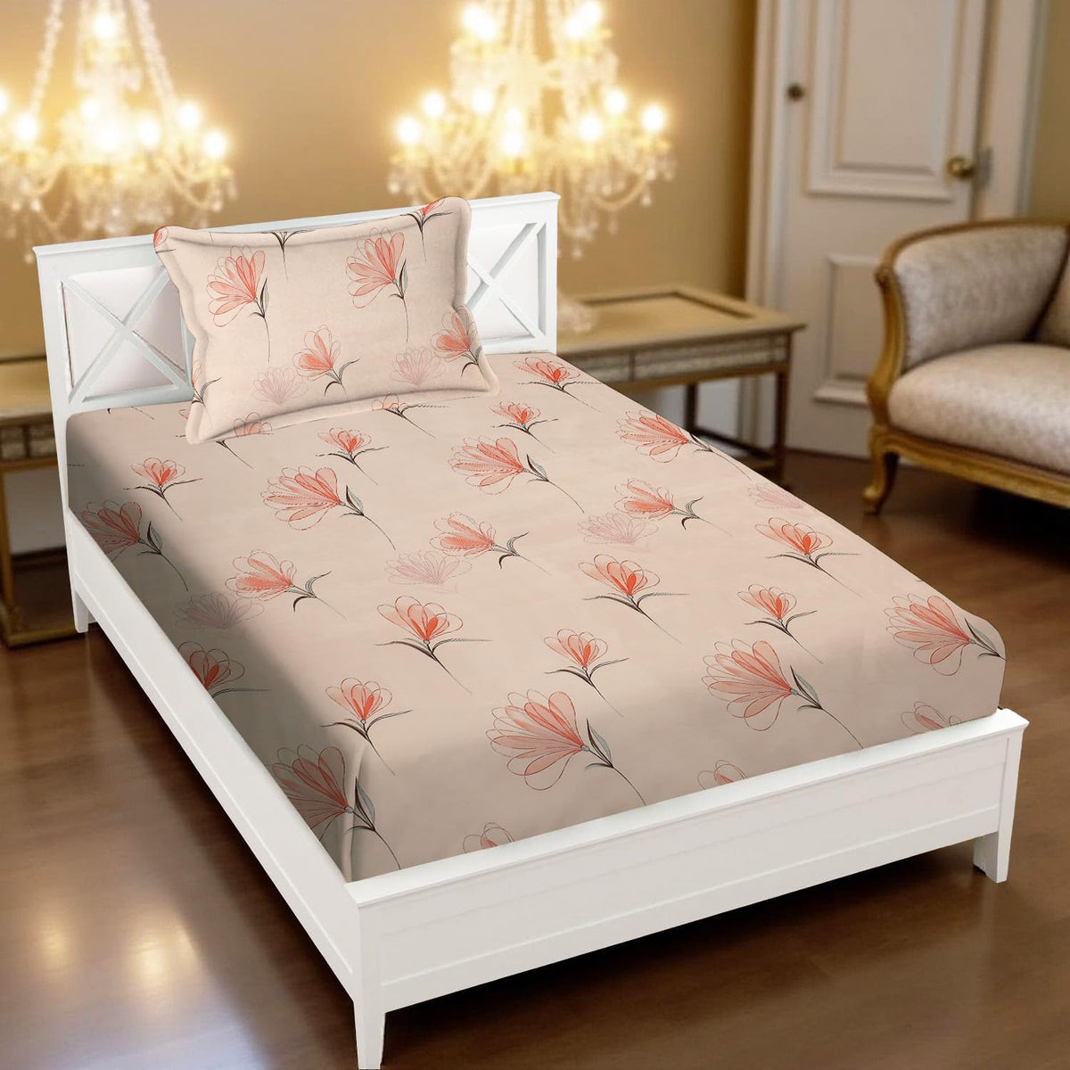 Printed Bedsheet For Single Bed With 1 Pillow Cover - 60 X 90 Inches, Coral Pink | Super Soft - Glace Cotton Breathable & Wrinkle Free - 2 Pcs Set