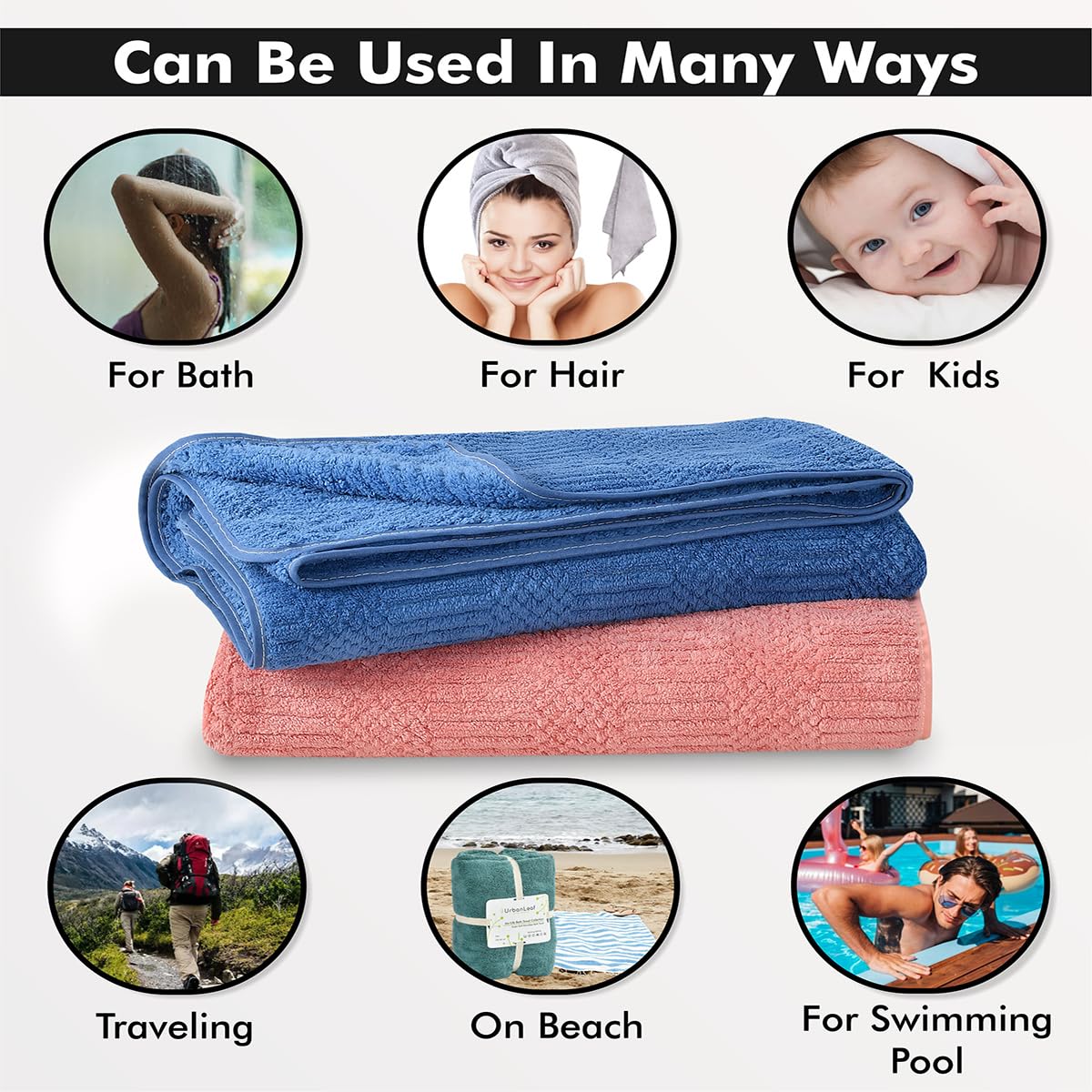 Urbanleaf Microfiber Large Bath Towel 1kg | Quick Dry Super Absorbent Bath Towel For Men & Women | Pack Of 2 (Blue & Coral)