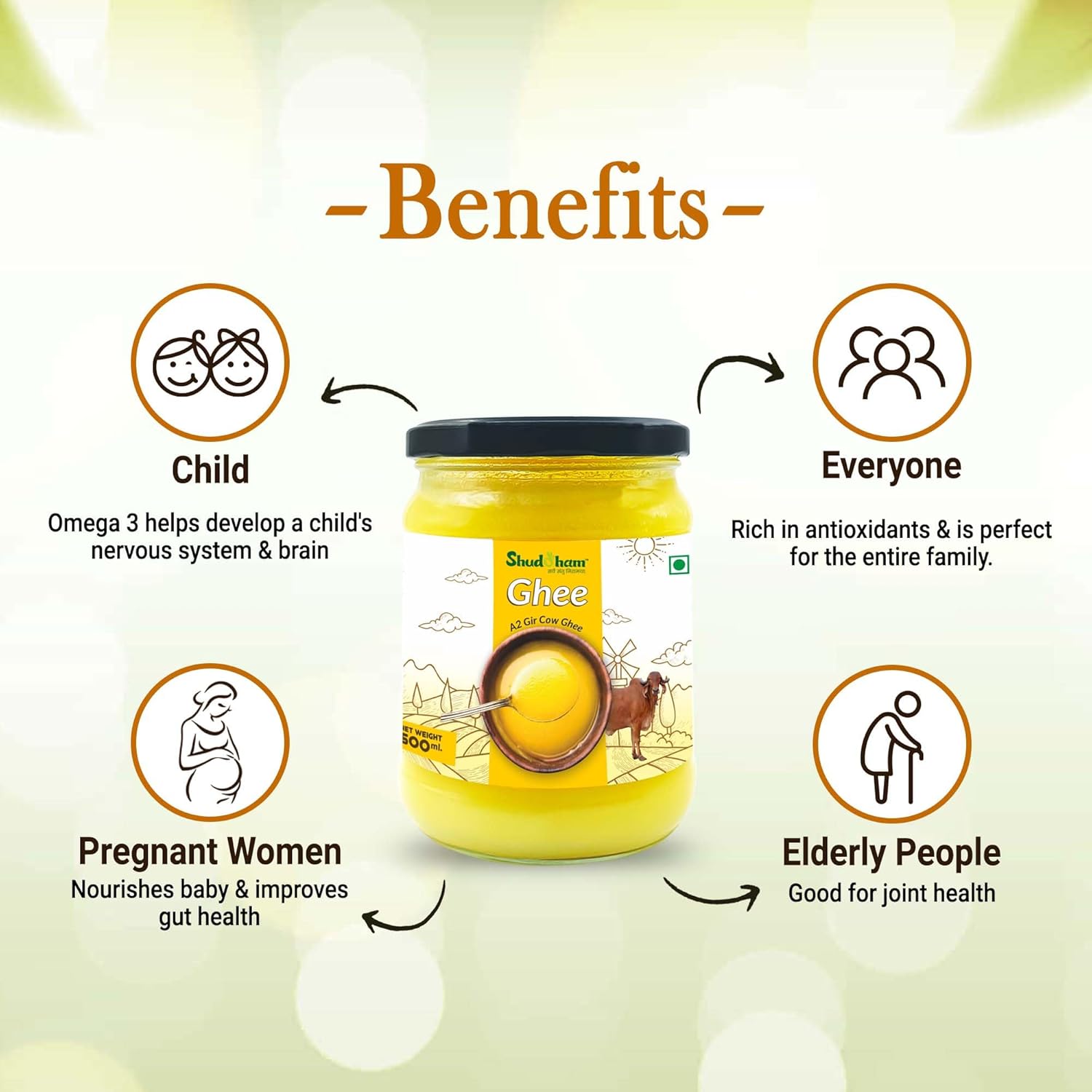 Pure Organic Gir Cow Ghee By Youshuddham | Traditional Bilona Method Desi Ghee For Cooking, Baking & Health | (500ml) 16.9 Ounce | Jar Pack