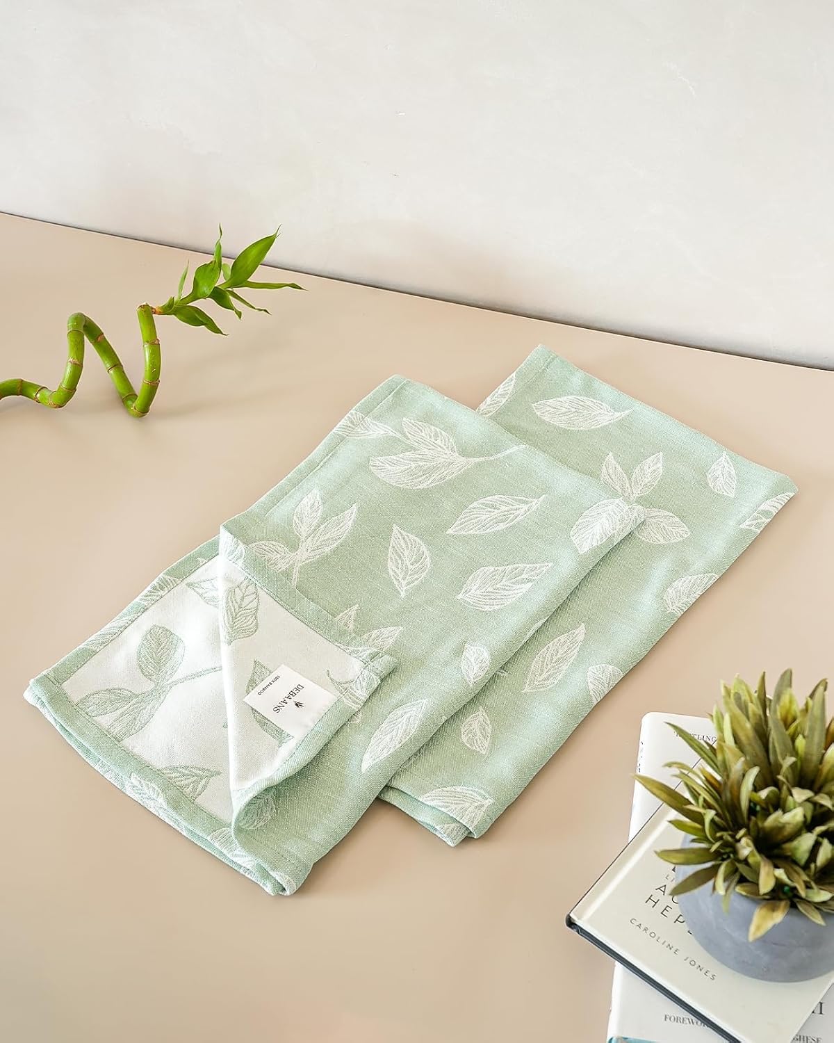 Debaans Bamboo Hand Towels 400 Gsm | Ultra Soft, Quick Dry, Antibacterial | Multiple Colors & Designs (Botanica Meadow Green) - Set Of 2