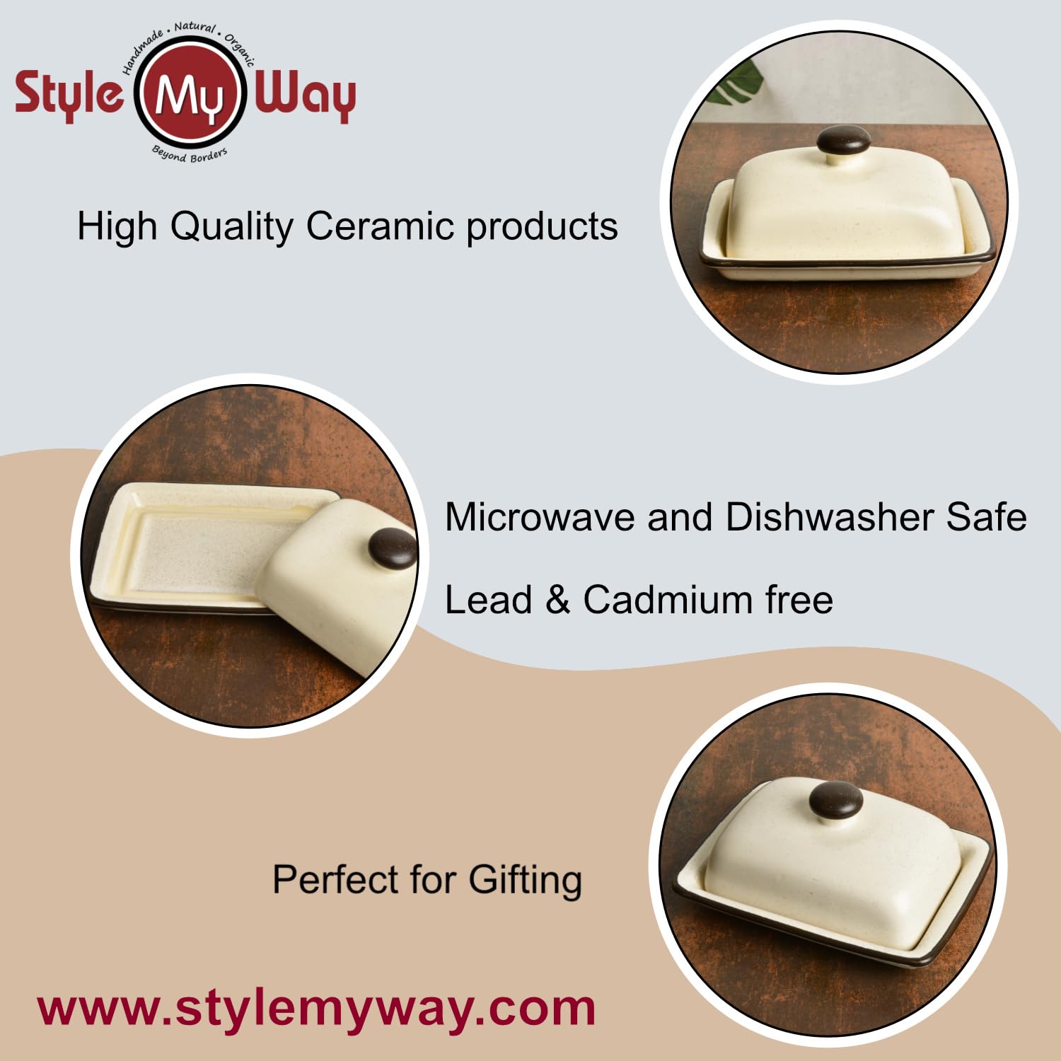 Ceramic Butter Dish With Lid - Off White, Height: 8 Cm | Butter Pot - Microwave & Dishwasher Safe Butter Container For 500 Gm