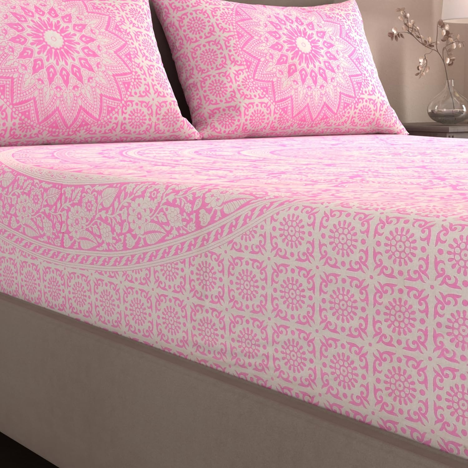 Handloom Printed Double Bedsheet For Queen Size With 2 Matching Pillow Cover | Size 90 X 100 Inches, Light Pink - Cotton Bedsheets For Double Bed | Soft & Smooth