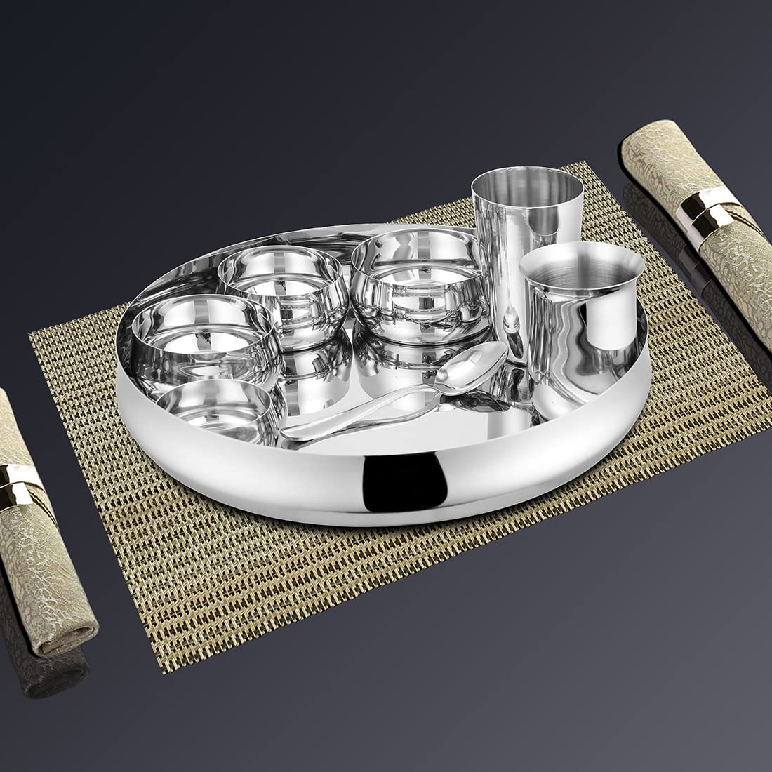 Stainless Steel Belly Thali Set Of 8 Pieces, Silver | 1 Thali+ 1 Big Bowl+ 2 Small Bowl+ 1 Chutney Bowl+ 1 Glass+ 1 Dabra+ 1 Dessert Spoon