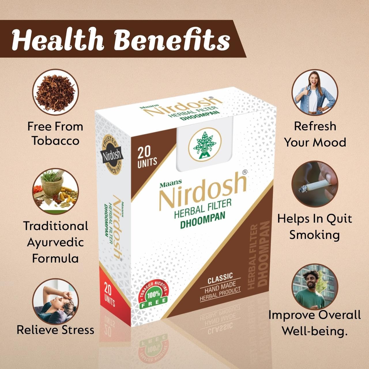 Classic Flavored Herbal Filter Dhoompan Sticks - Pack Of 2X 20 Pcs Herbal Cigarette | Bidi Sticks Rolled In Tendu Leaves, Non-Addictive Sticks - Tobacco Free & Nicotine Free