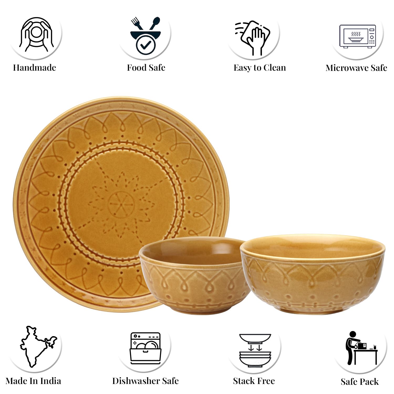 Handcrafted Stoneware Embossed Ceramic Dinner Set Of 20 Pcs With Serving Bowls Set - Golden Brown | 6 Dinner Plates+ 12 Small Dinner Bowls, 180ml Each+ 2 Serving Bowl, 1000ml Each | Serving For 6