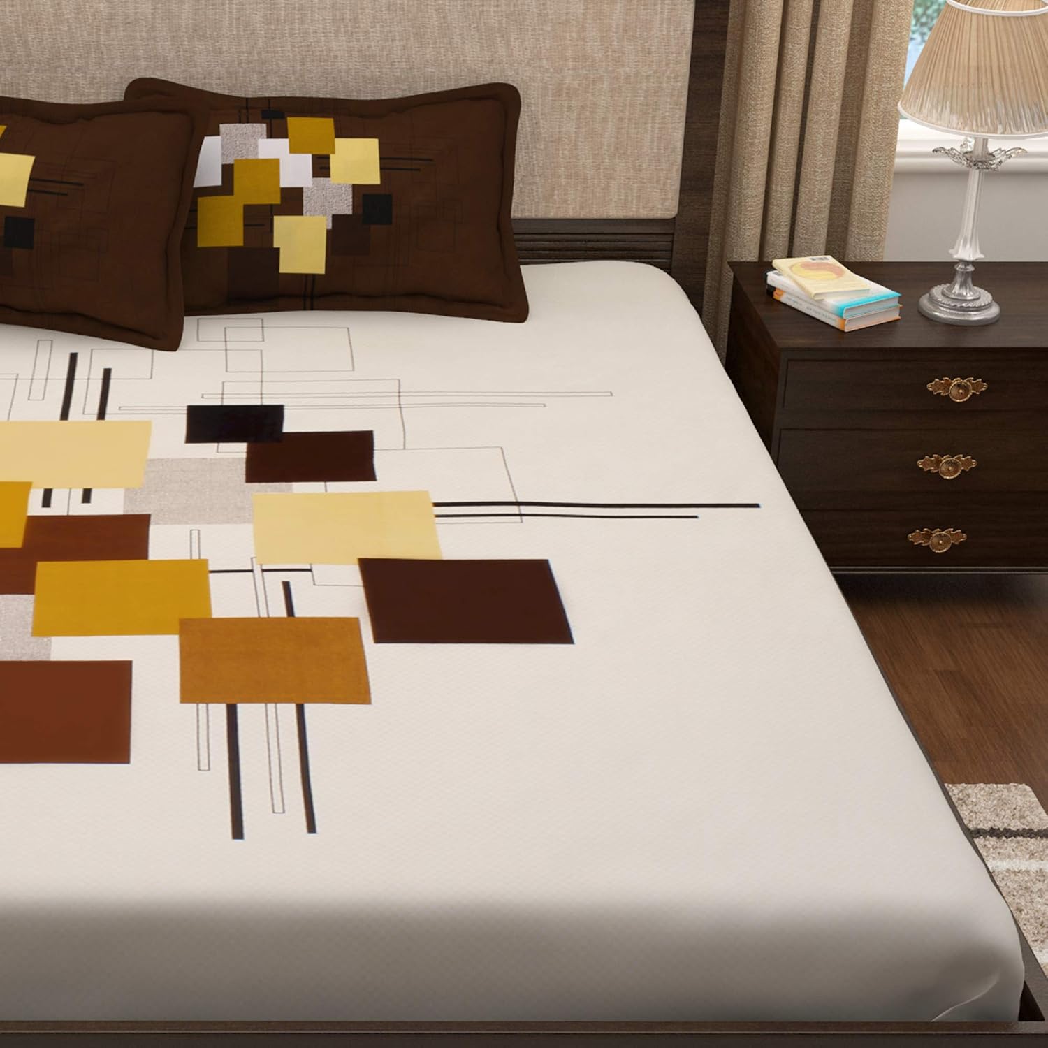 Bedsheet For King Size Bed With 2 Pillow Covers - 106 X 106 Inches, White & Brown | Soft & Durable For Everyday Use - All Season Comfort