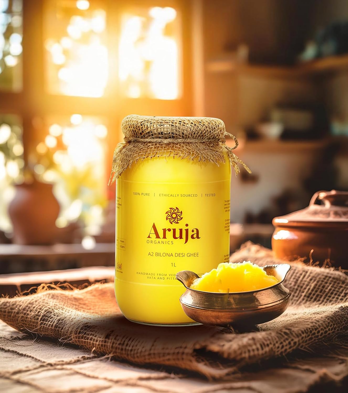 Natural A2 Bilona Desi Cow Ghee By Aruja | Rich In Protein & Vitamin Healthy Pure Desi Ghee Good For Strong Bones | (1 Litr) 33.8 Ounce | Jar Pack