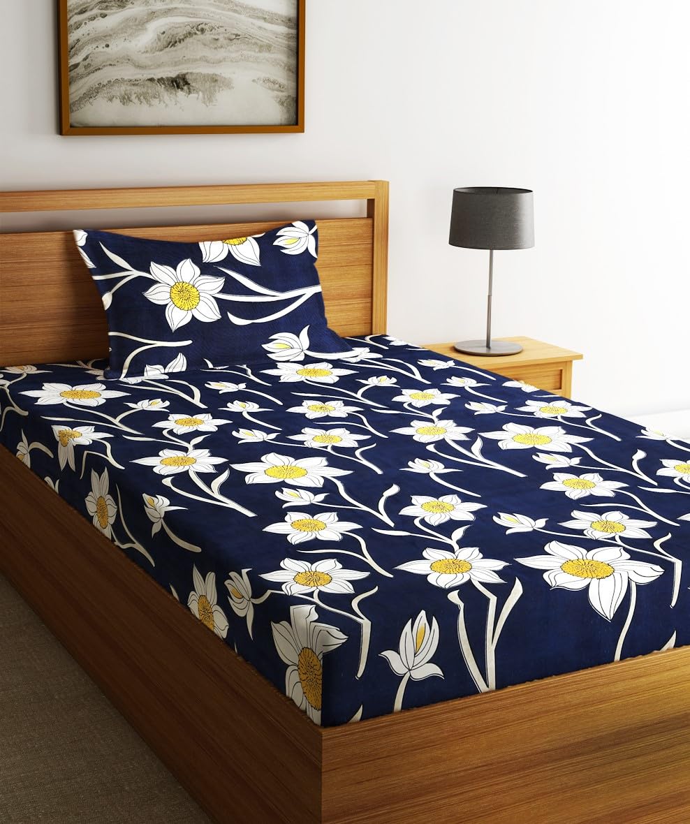 Single Bedsheet With 1 Pillow Cover - 55 X 86 Inches, Dark Blue | Normal Hand Wash Or Machine Wash | Breathable & Wrinkle Free