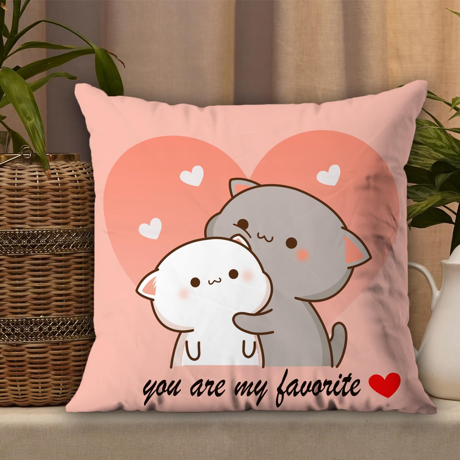 Peach & Goma Mochi Cat Pillow Cushion, Keychain & Card, Peach Color - 12 X 12 Cm | Gifts For Girlfriend, Wife, Husband, Boyfriend, Pillow For Couple | Peach Goma Pillow - Pack Of 1