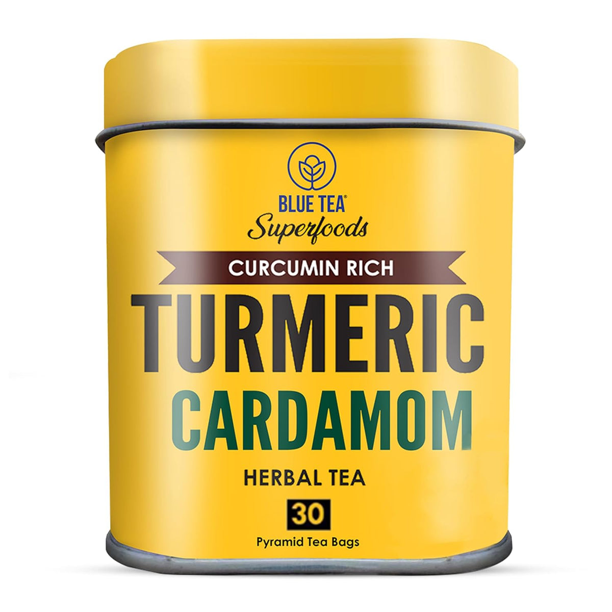 Blue Tea Curcumin Rich Turmeric Cardamom Herbal Tea - 30 Pyramid Tea Bags In Reusable Tin Pack | Enhances Immune System - Caffeine Free, Gluten Free, Non-GMO